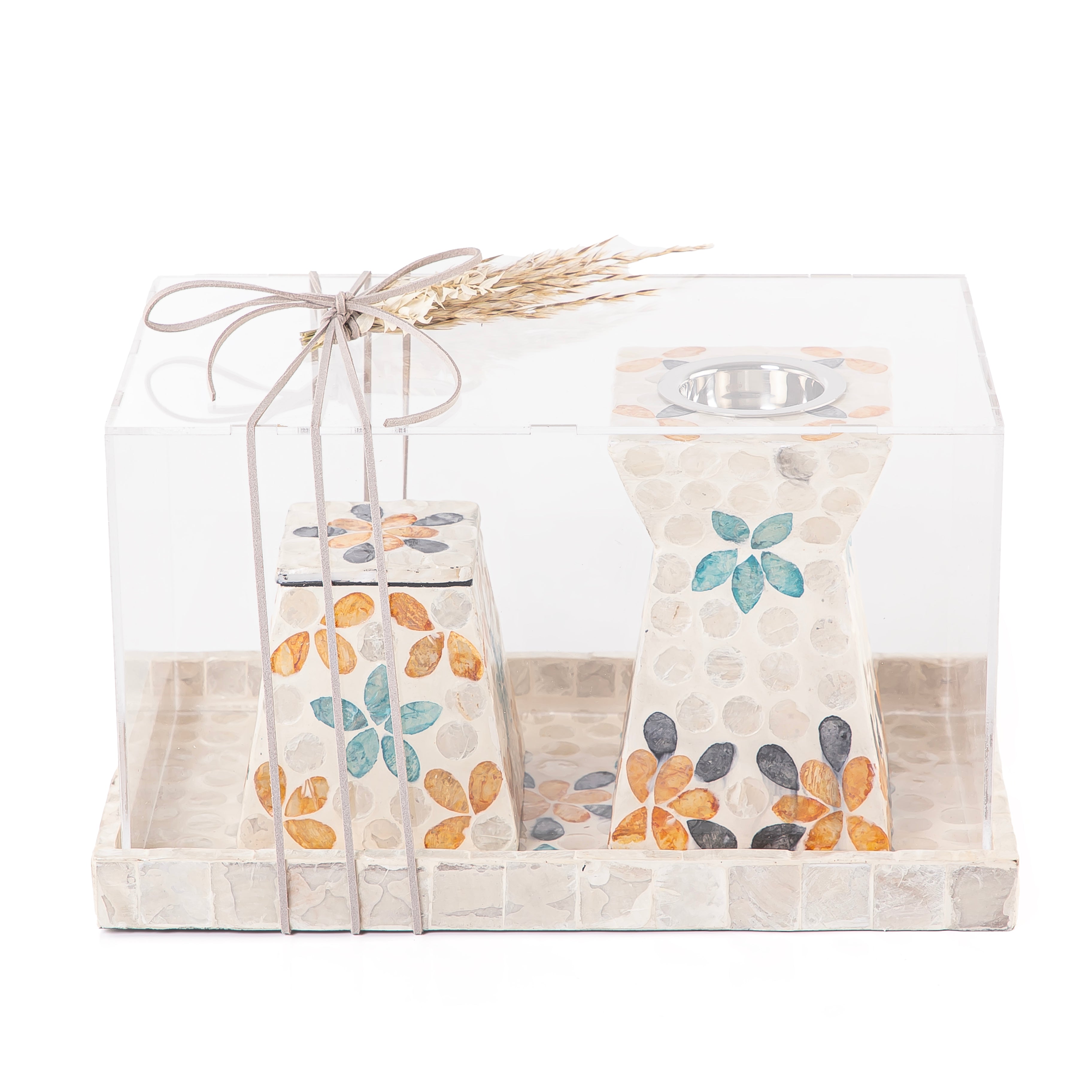 beige decorated MOP incense burner with a bowl in an Acrylic box