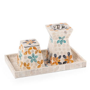 beige decorated MOP incense burner with a bowl in an Acrylic box