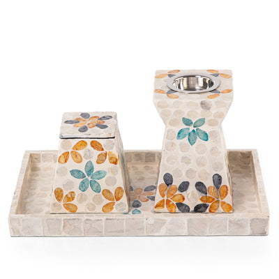 beige decorated MOP incense burner with a bowl in an Acrylic box