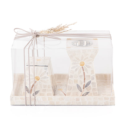 beige decorated MOP incense burner with a bowl in an Acrylic box