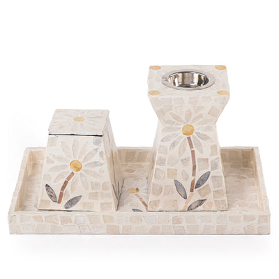 beige decorated MOP incense burner with a bowl in an Acrylic box