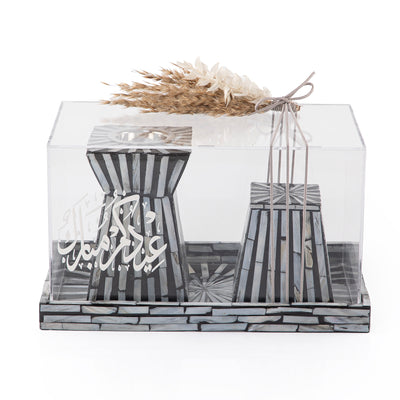 black MOP incense burner with a black MOP bowl in an Acrylic box