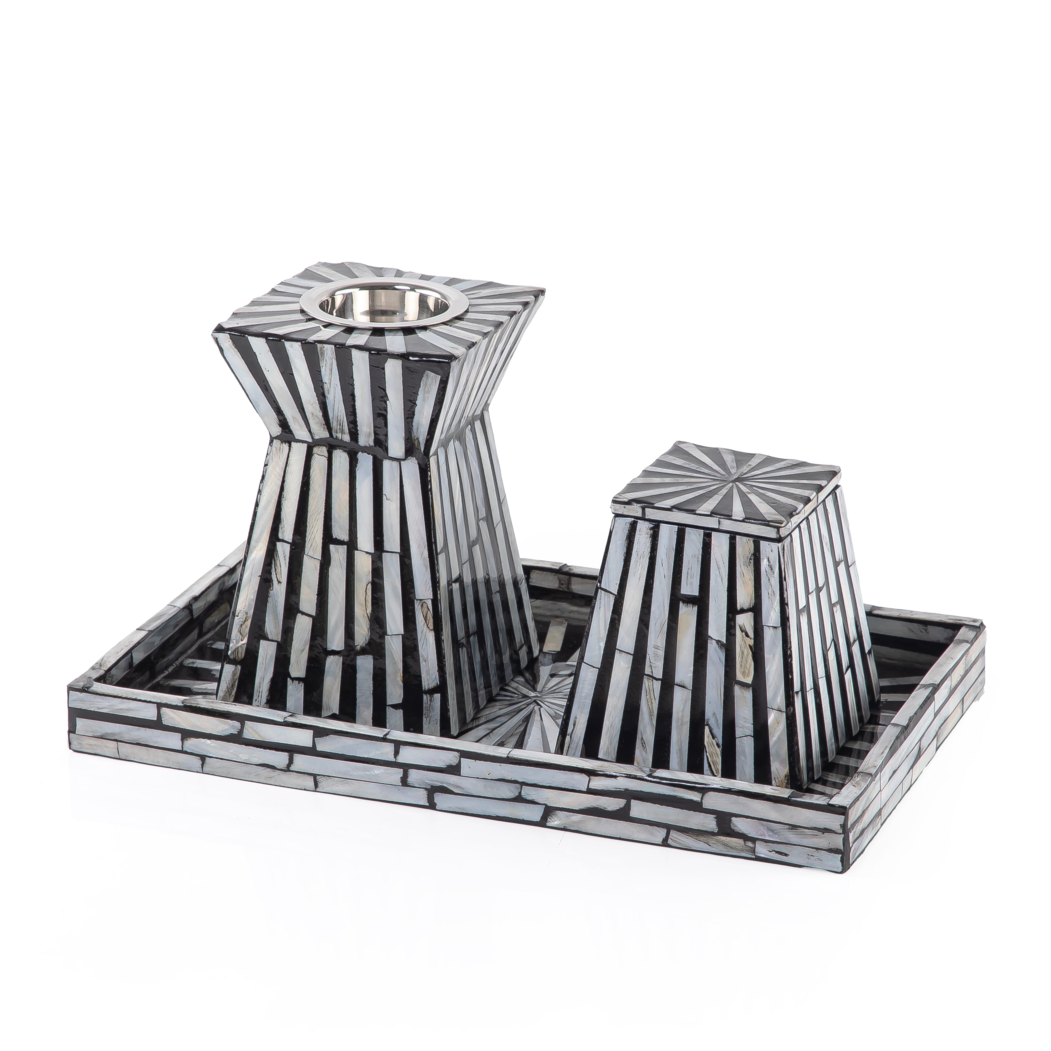 black MOP incense burner with a black MOP bowl in a black MOP tray