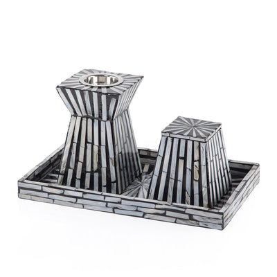 black MOP incense burner with a black MOP bowl in a black MOP tray