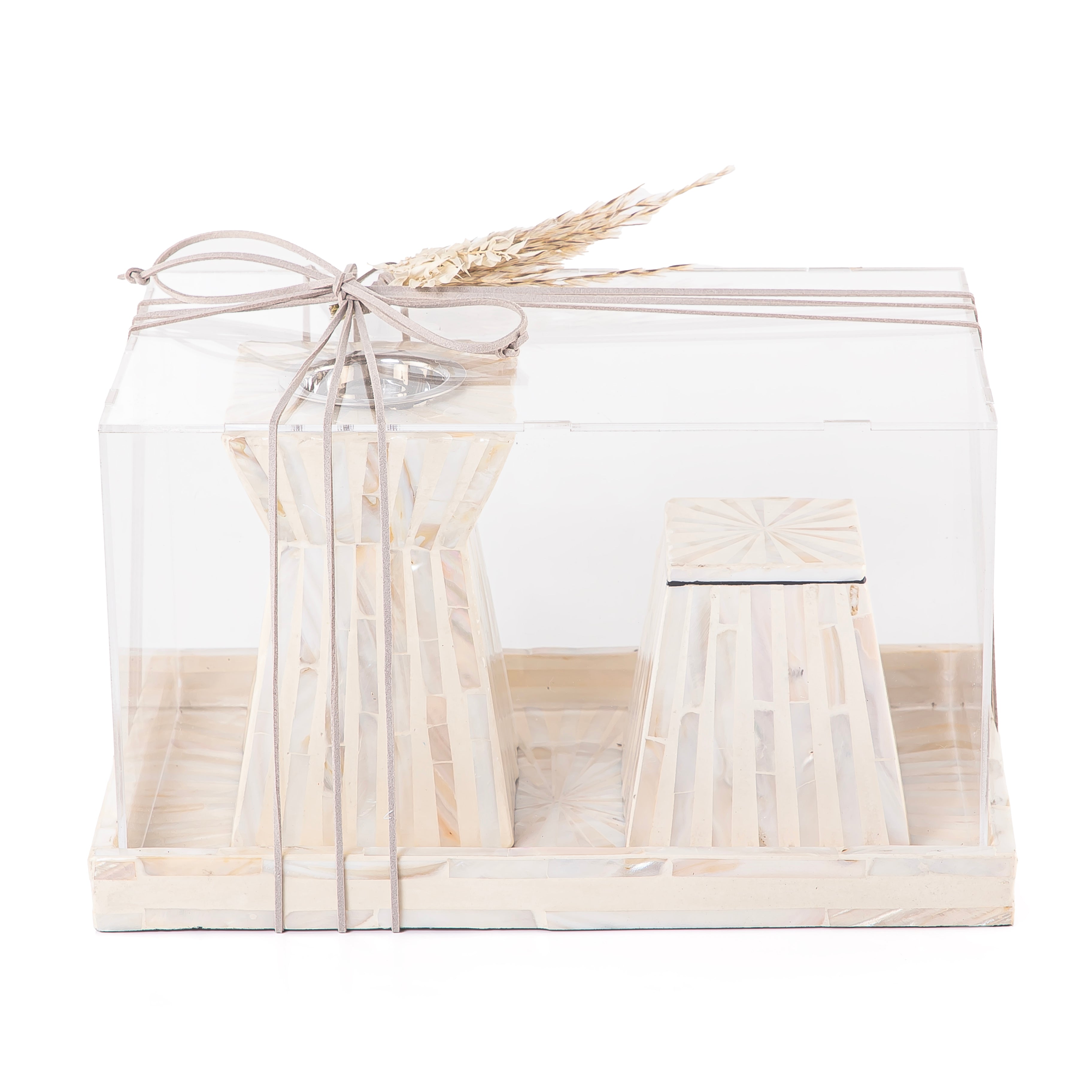 beige decorated MOP incense burner with a bowl in an Acrylic box