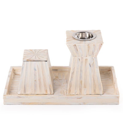 beige decorated MOP incense burner with a bowl in an Acrylic box