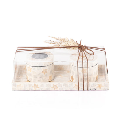 beige decorated MOP incense burner with a bowl in an Acrylic box