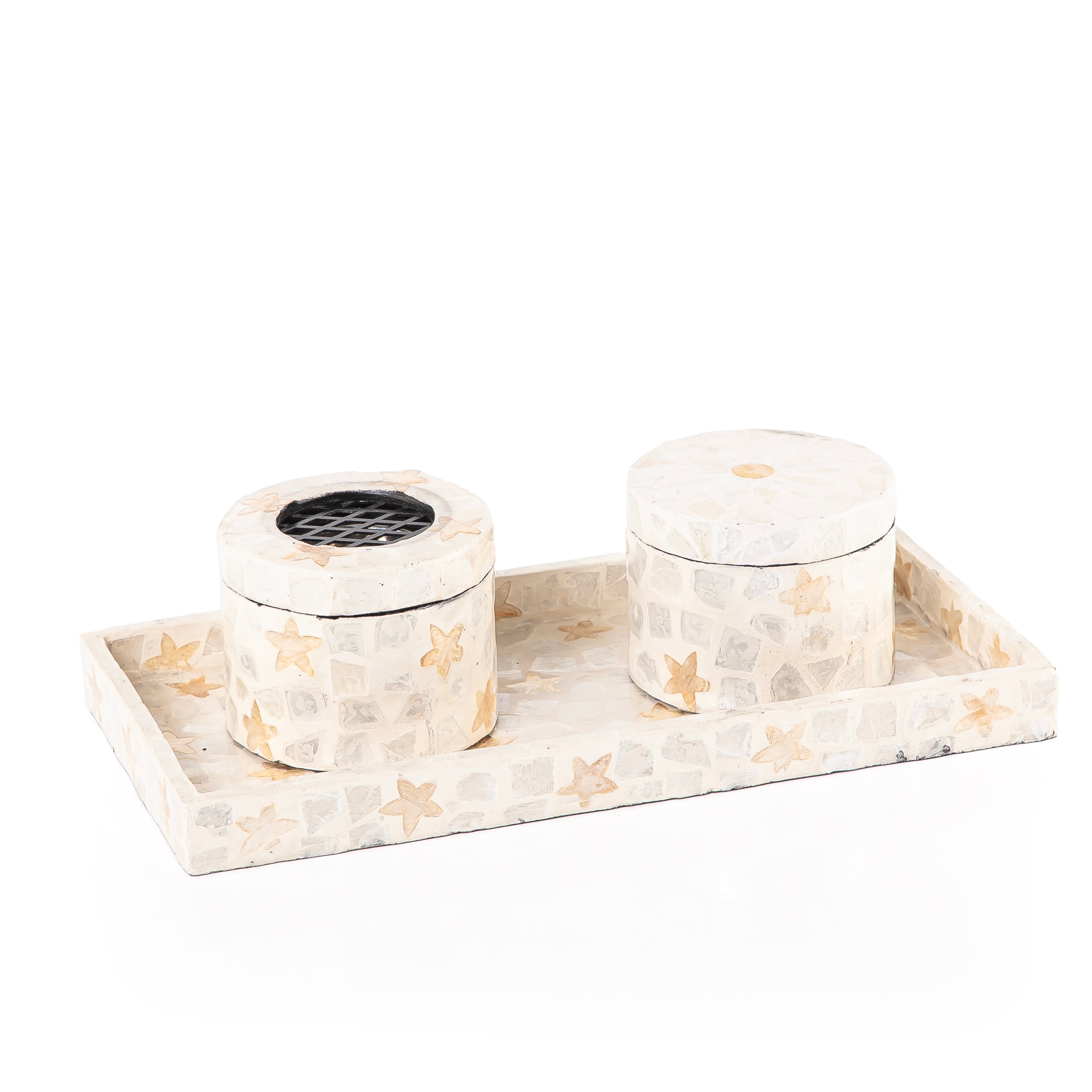 beige decorated MOP incense burner with a bowl in an Acrylic box
