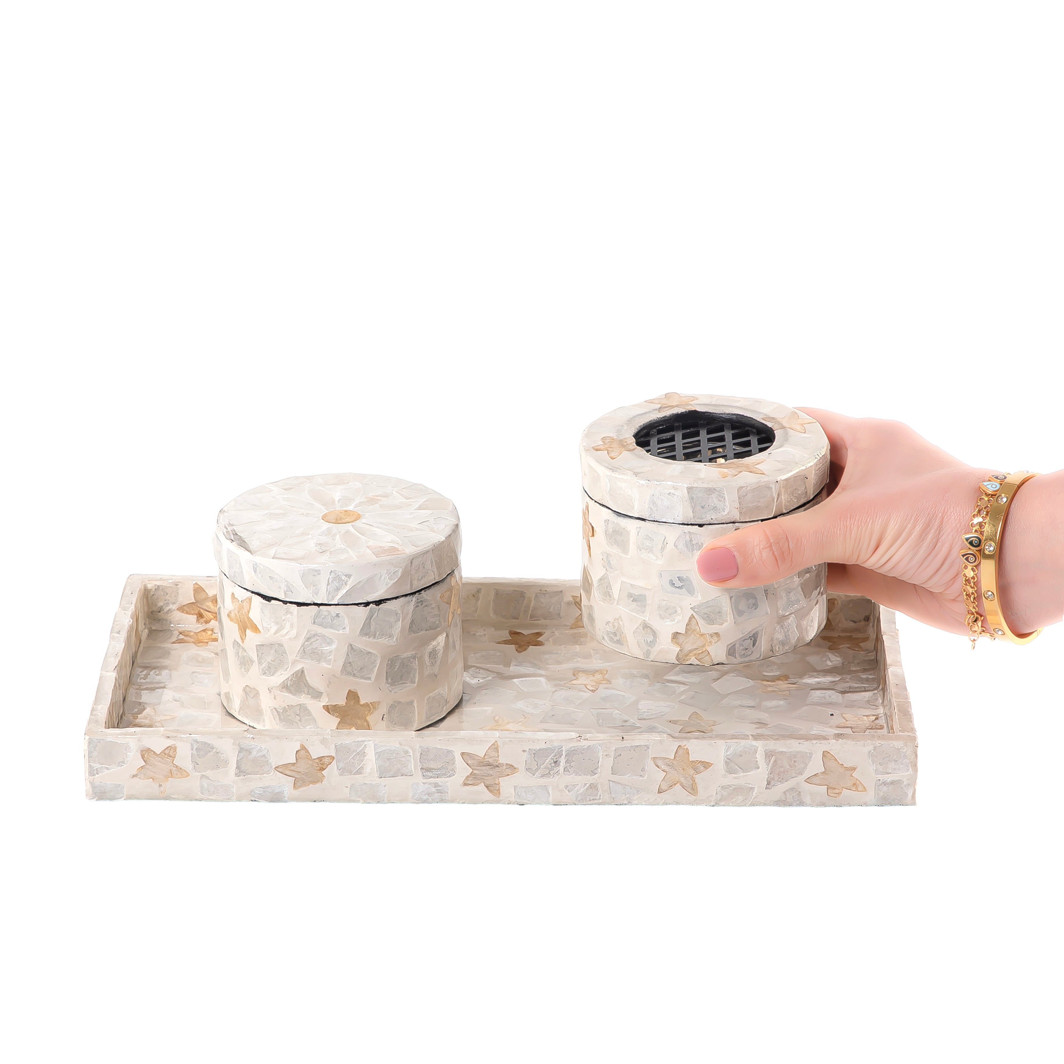 beige decorated MOP incense burner with a bowl in an Acrylic box