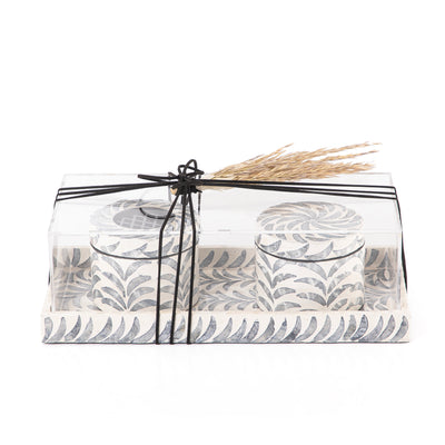 black and white decorated MOP incense burner with a bowl in an Acrylic box