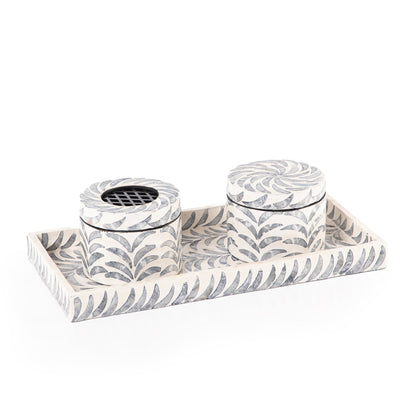 black and white decorated MOP incense burner with a bowl in an Acrylic box