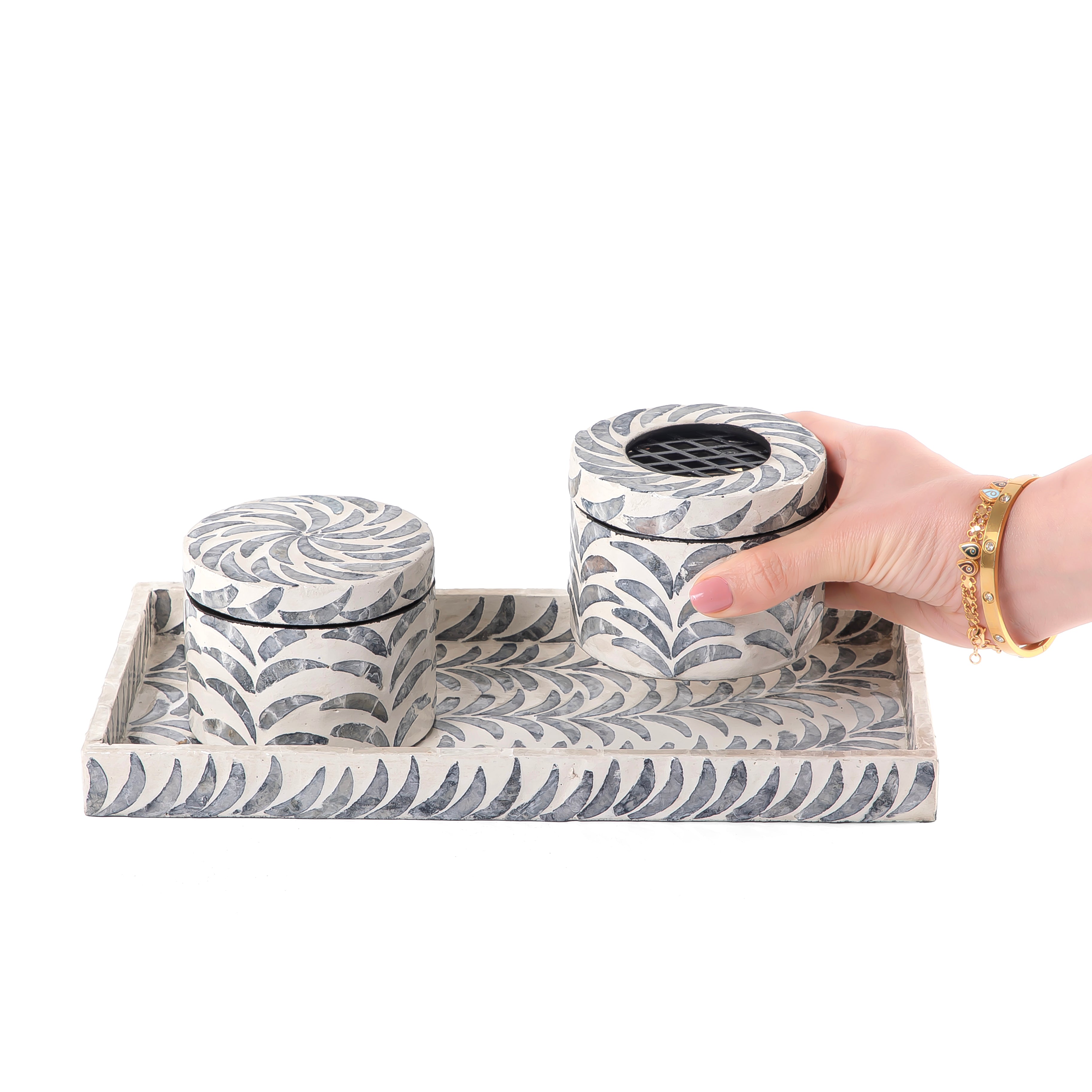 black and white decorated MOP incense burner with a bowl in an Acrylic box