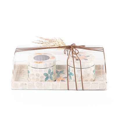 beige decorated MOP incense burner with a bowl in an Acrylic box