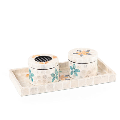 beige decorated MOP incense burner with a bowl in a tray