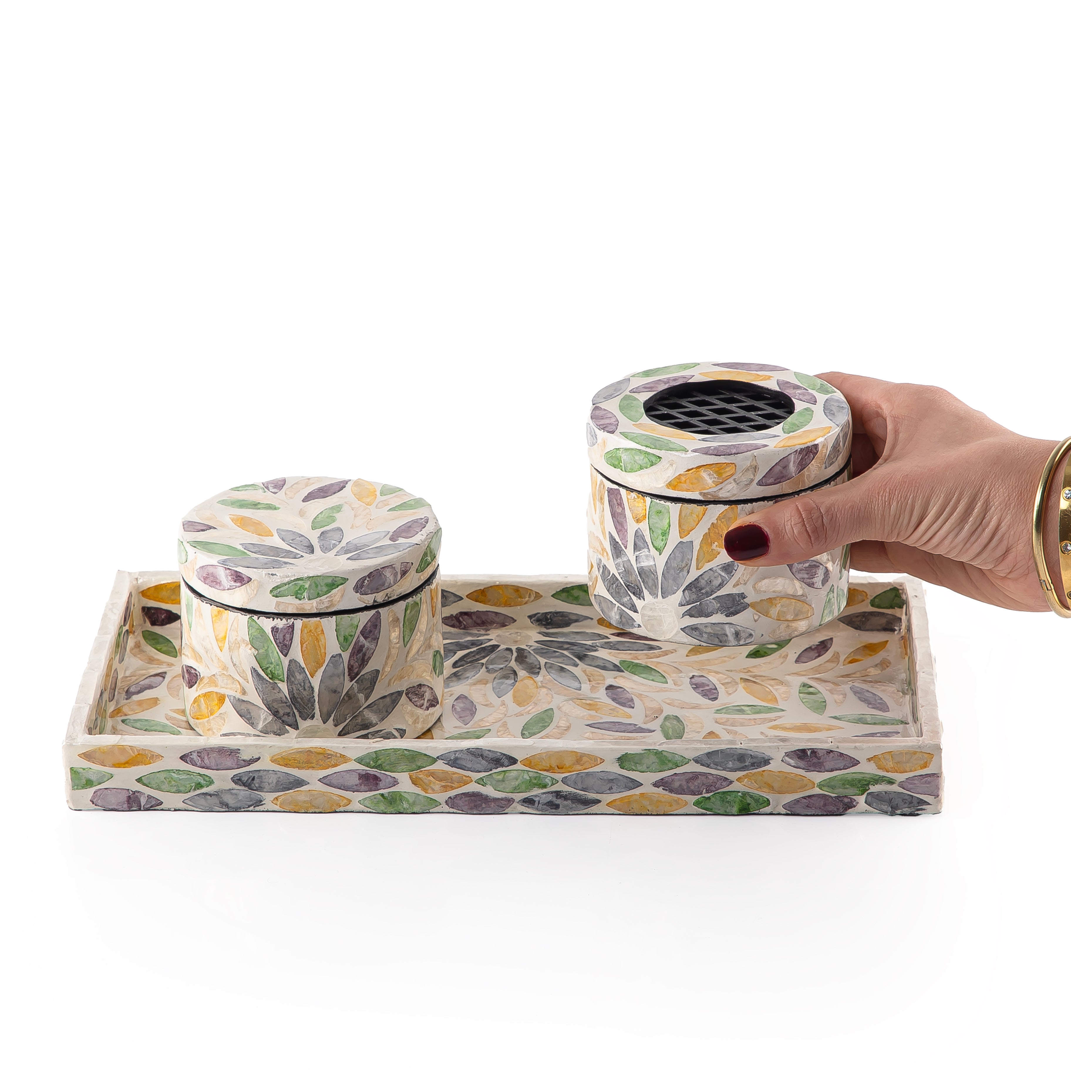MOP incense burner with a bowl in a MOP tray