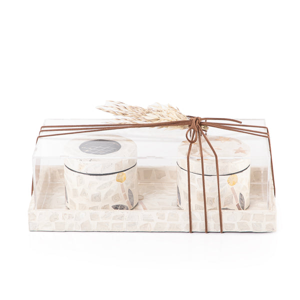 beige MOP incense burner with a bowl in an Acrylic box
