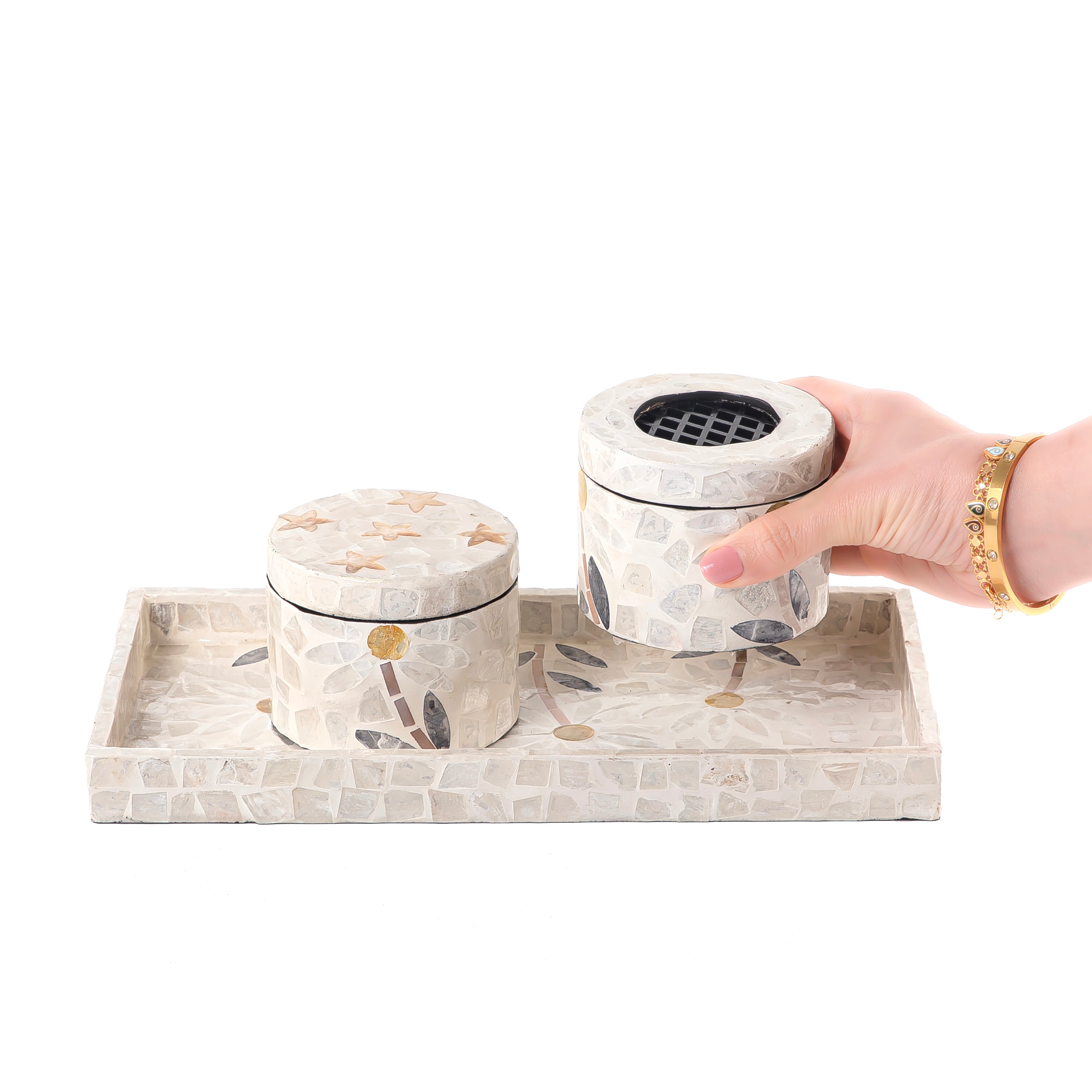 beige MOP incense burner with a bowl in an Acrylic box