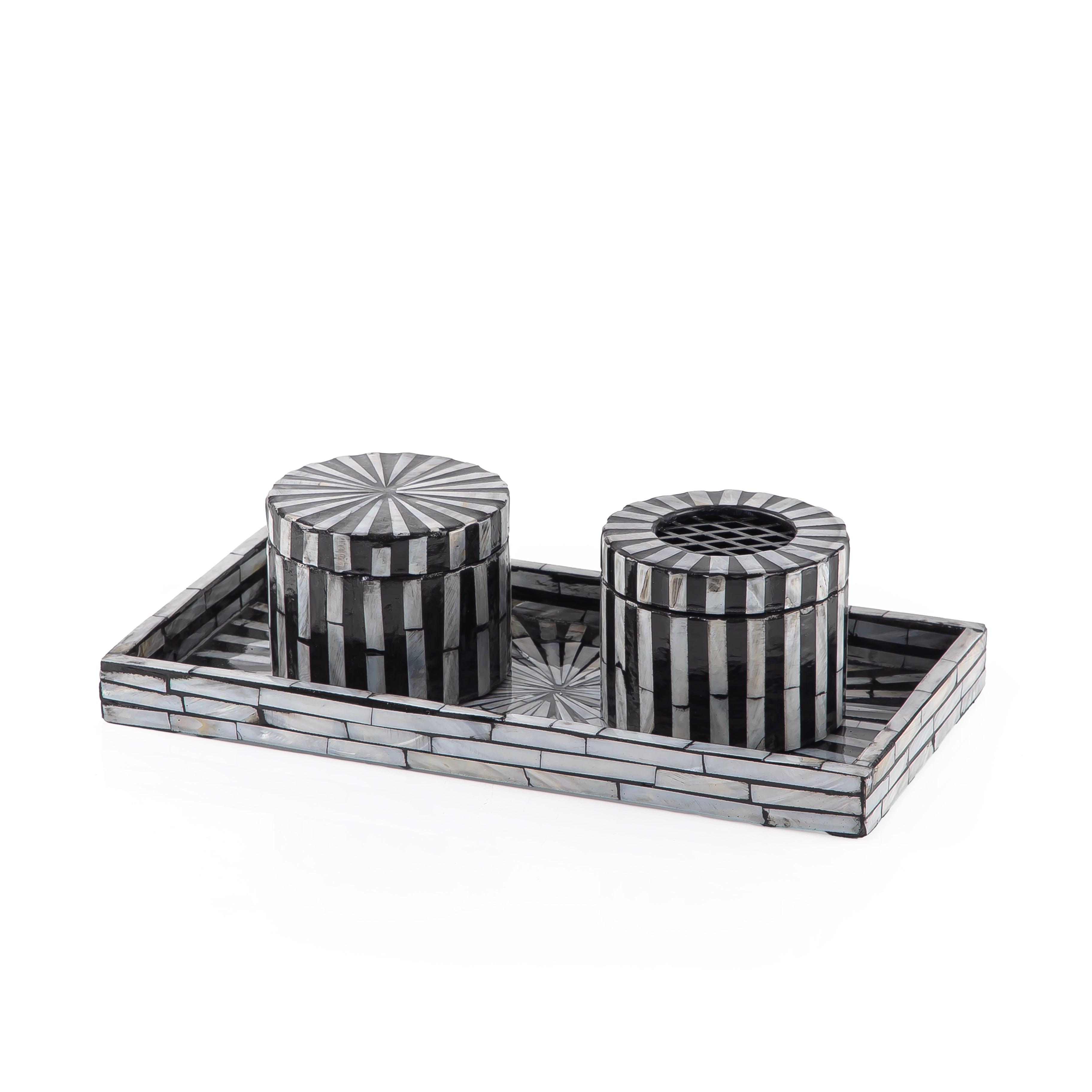 black MOP incense burner with a black bowl in a black MOP tray