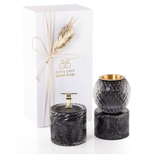 black decorated glass incense burner and bokhor storage box in a gift box