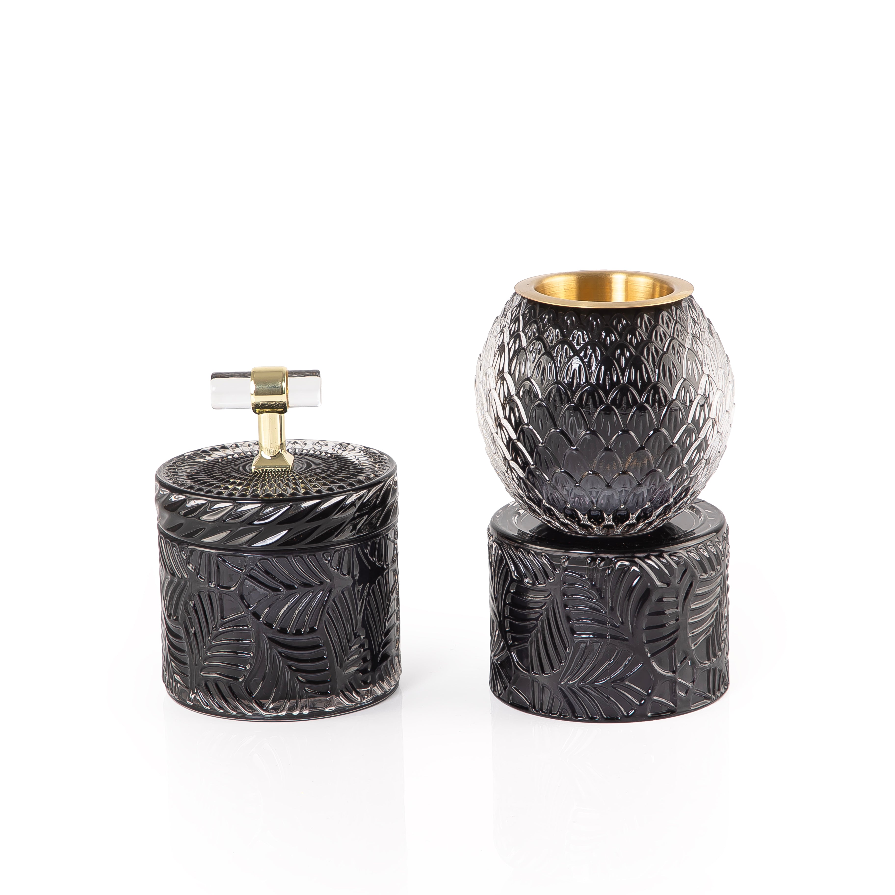 black decorated glass incense burner and bokhor storage box
