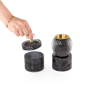 black decorated glass incense burner and bokhor storage box
