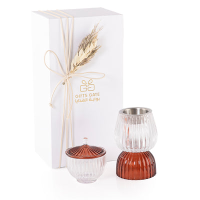 white and brown decorated glass incense burner and bokhor storage box in a gift box 