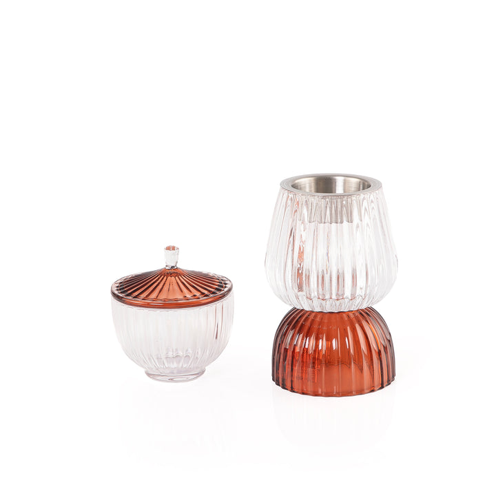 white and brown decorated glass incense burner and bokhor storage box 