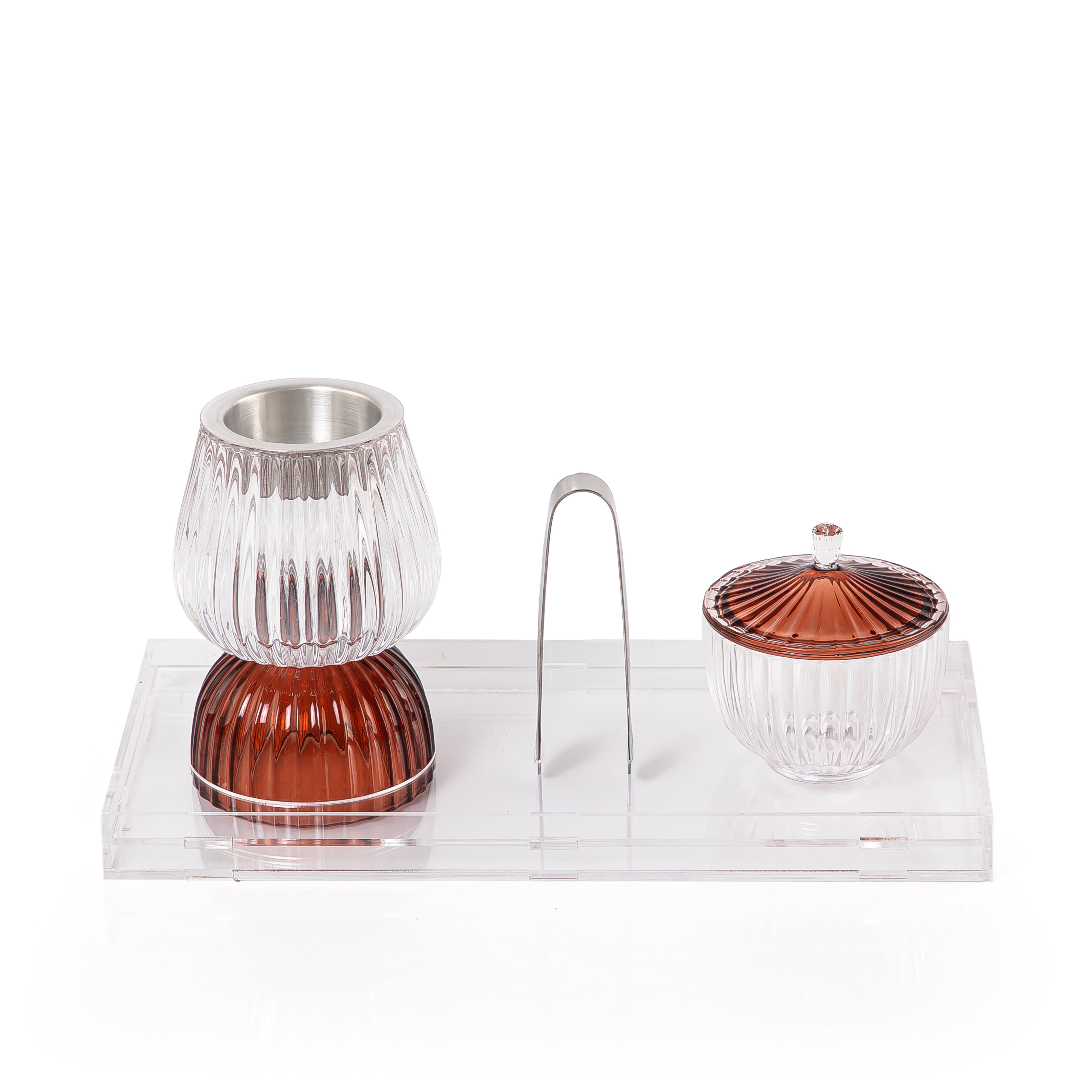 brown decorated glass incense burner, bokhor storage box, and tong in an Acrylic box