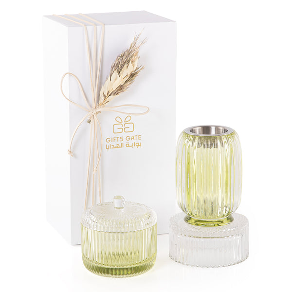 white and green decorated glass incense burner and bokhor storage box in a gift box 