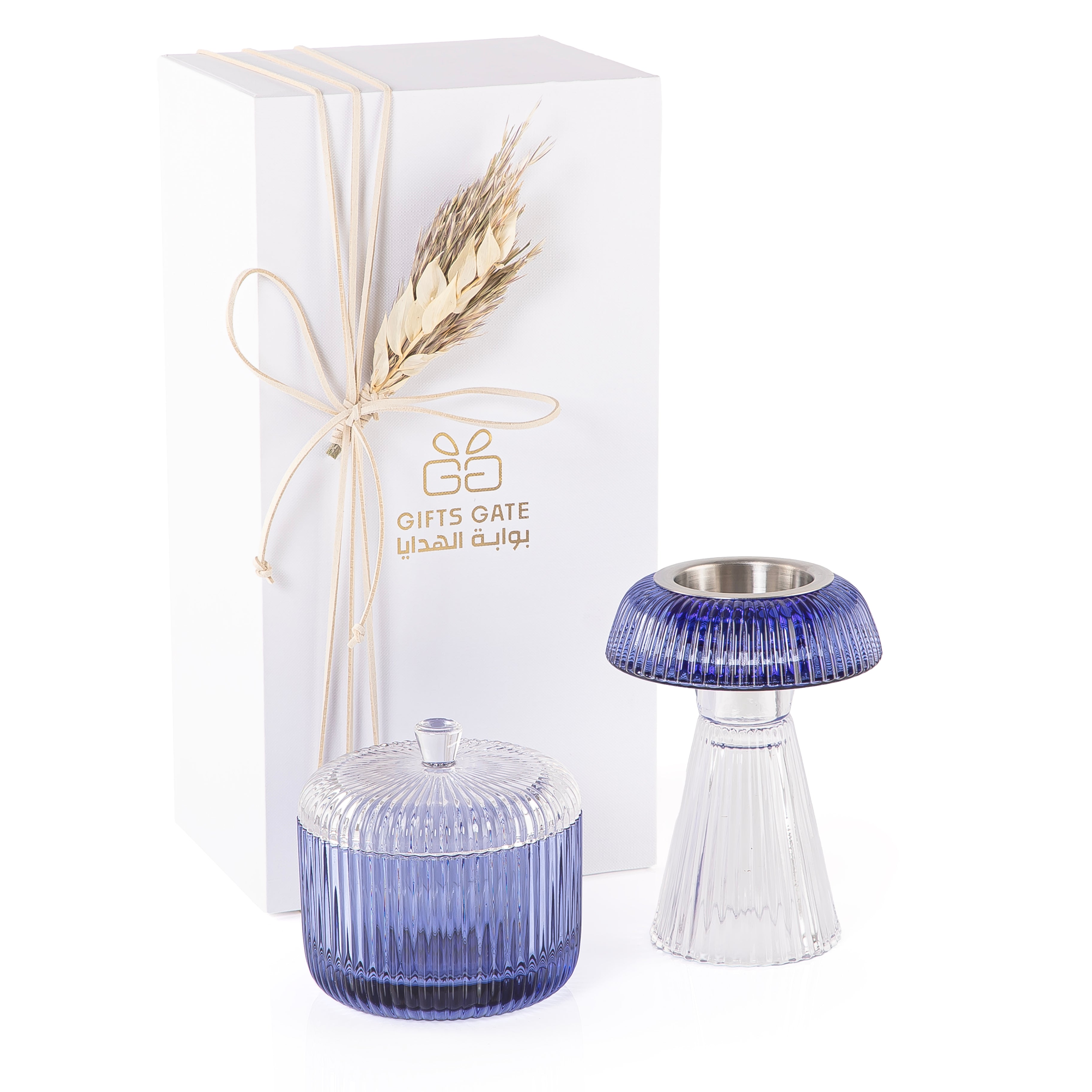 white and blue decorated glass incense burner and bokhor storage box in a gift box 
