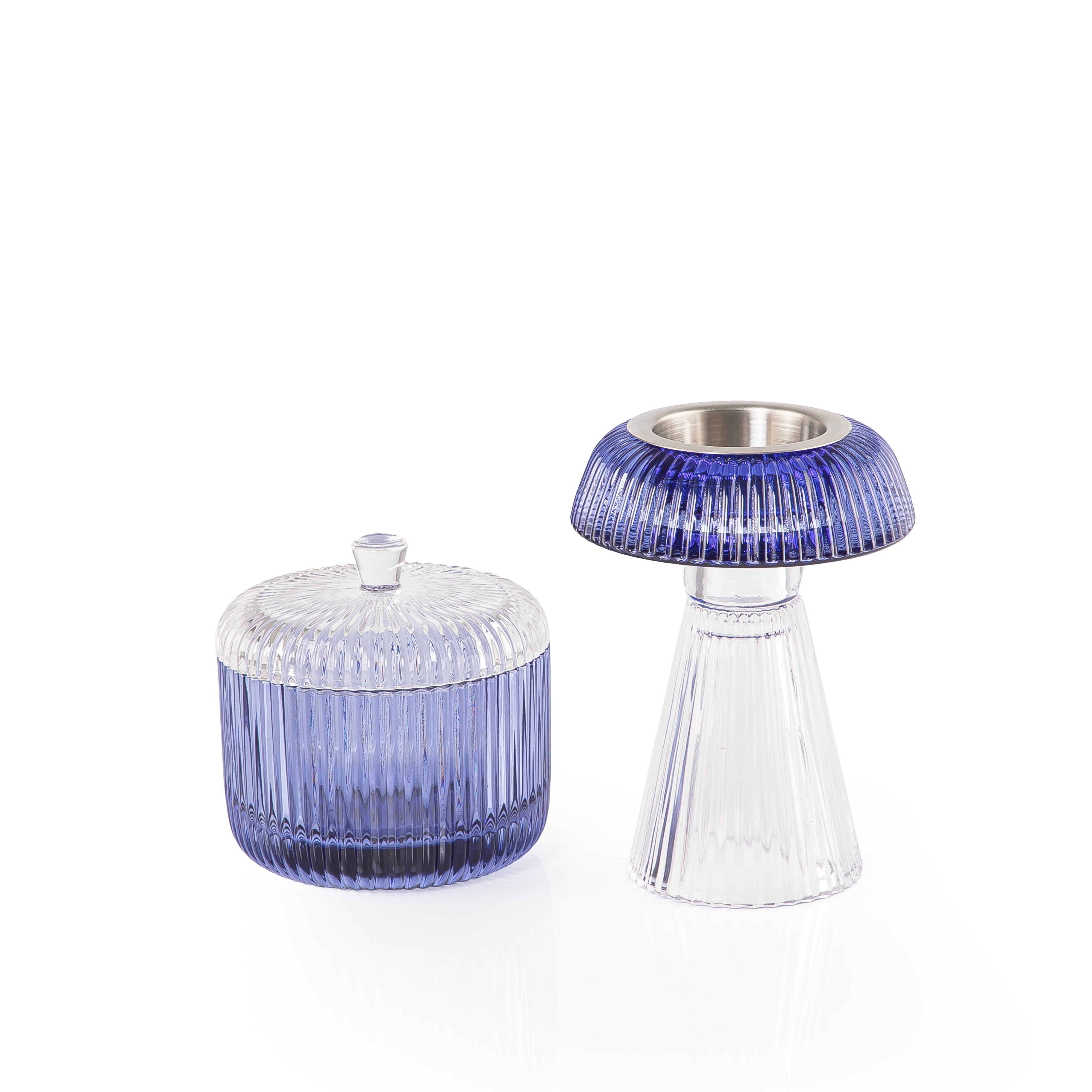 white and blue decorated glass incense burner and bokhor storage box  