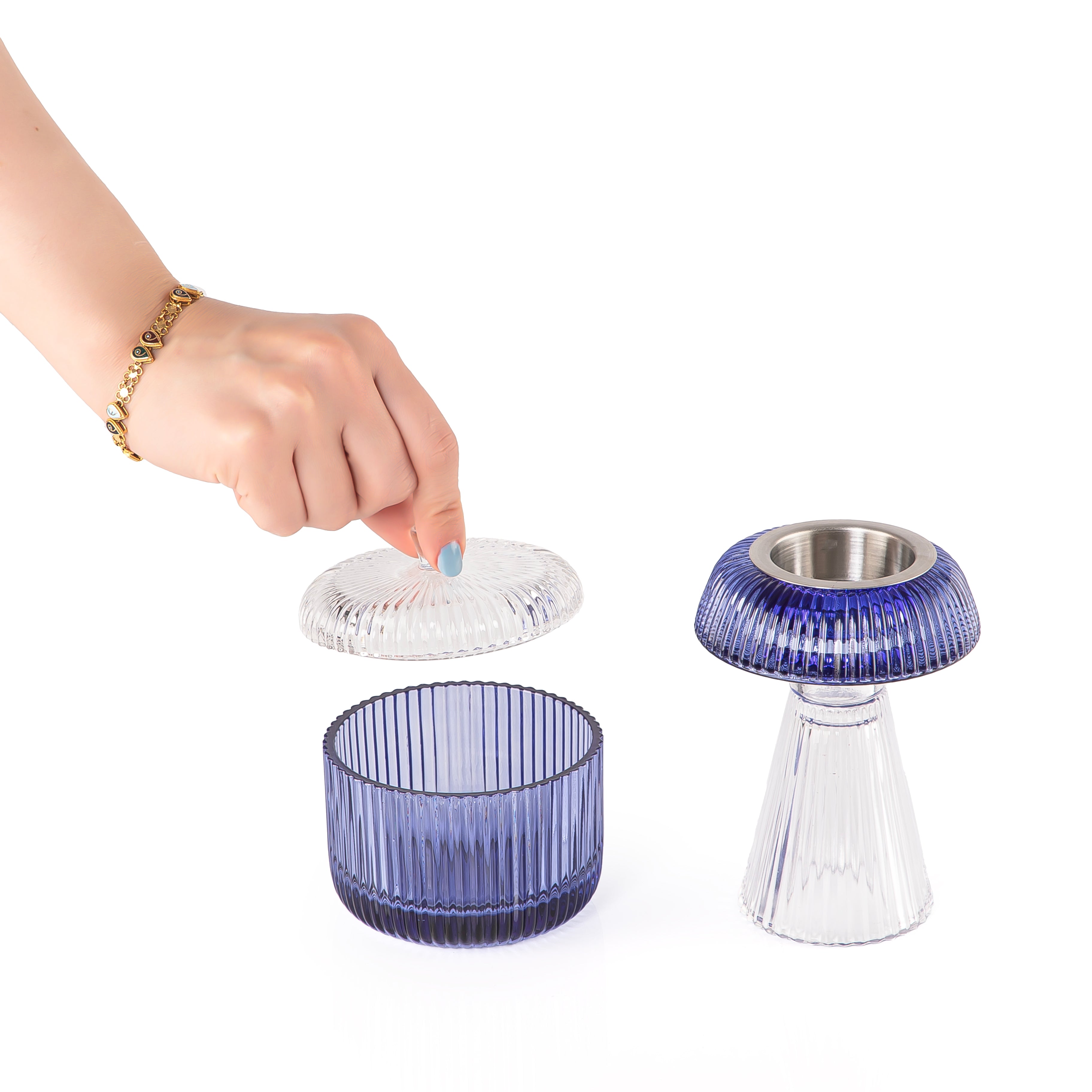 white and blue decorated glass incense burner and bokhor storage box  