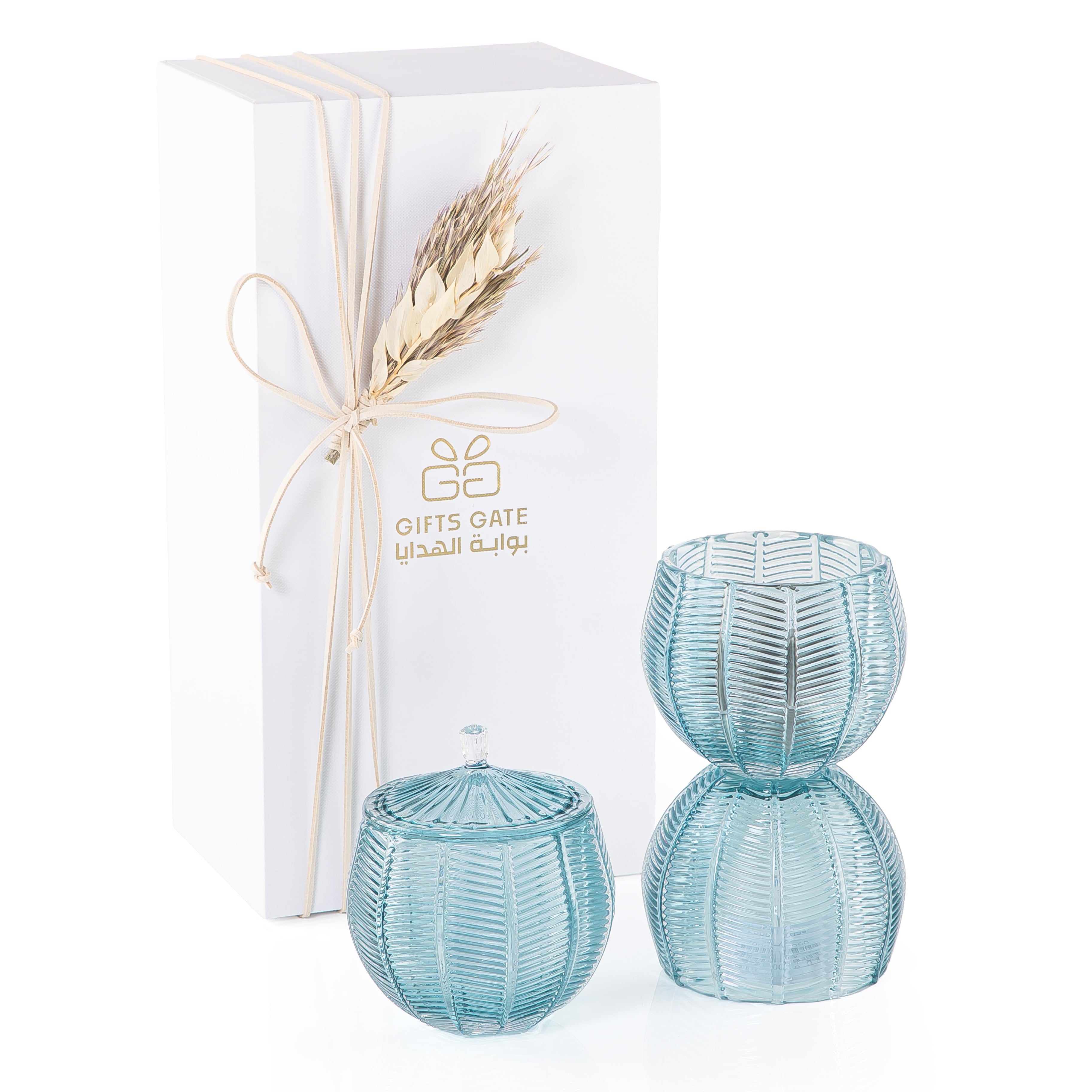 blue decorated glass incense burner and bokhor storage box in a gift box 