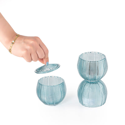 blue decorated glass incense burner and bokhor storage box 