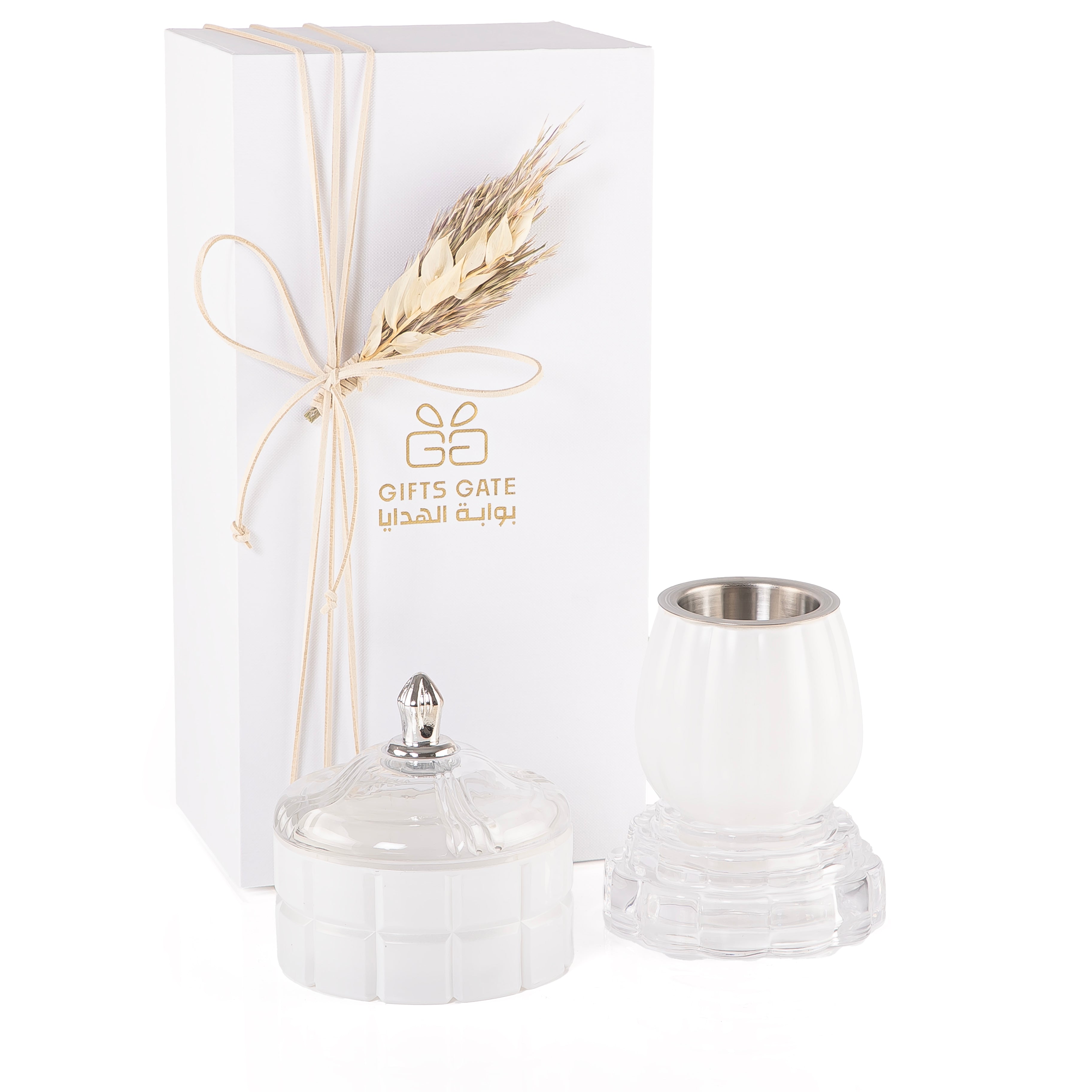 white decorated glass incense burner and bokhor storage box in a gift box