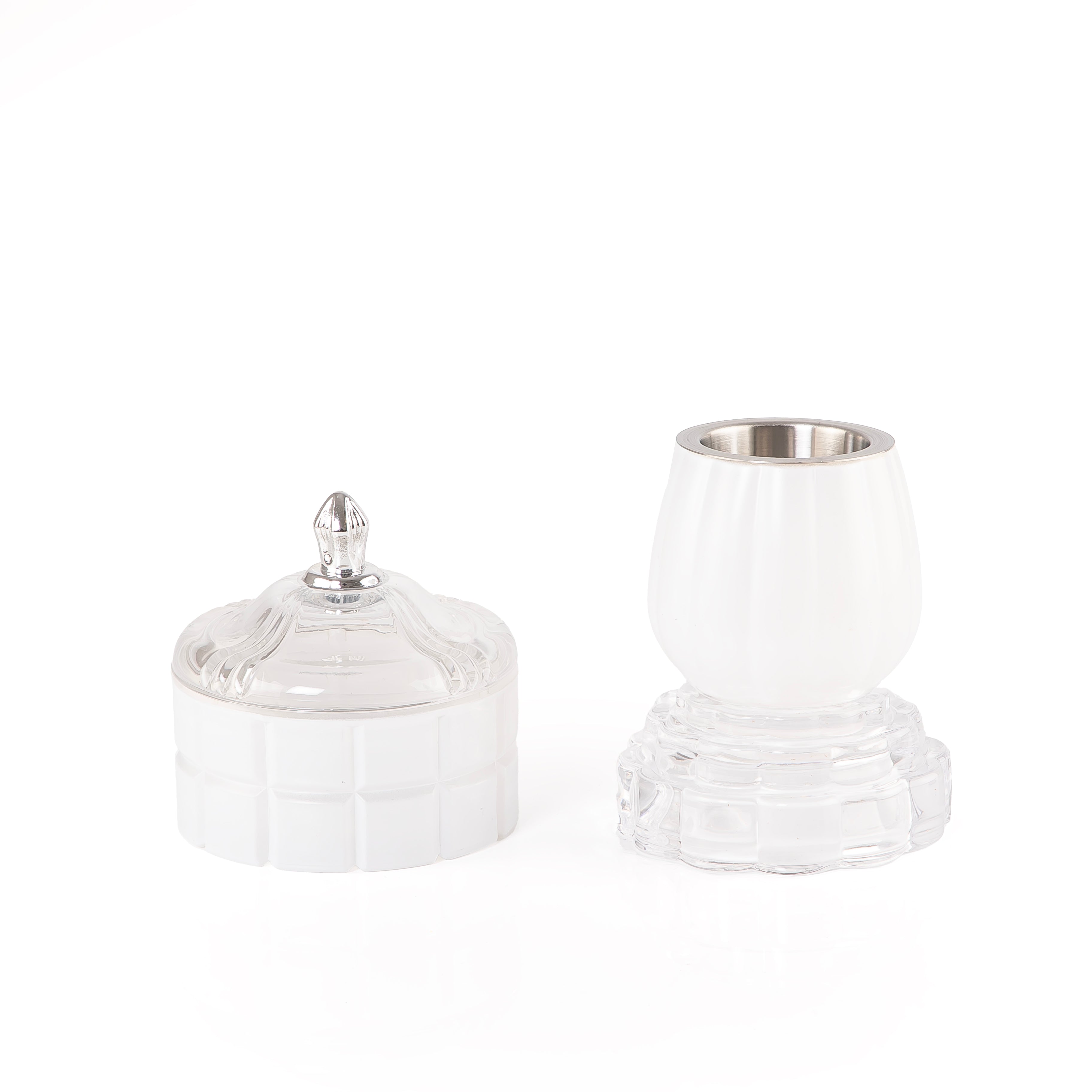 white decorated glass incense burner and bokhor storage box 