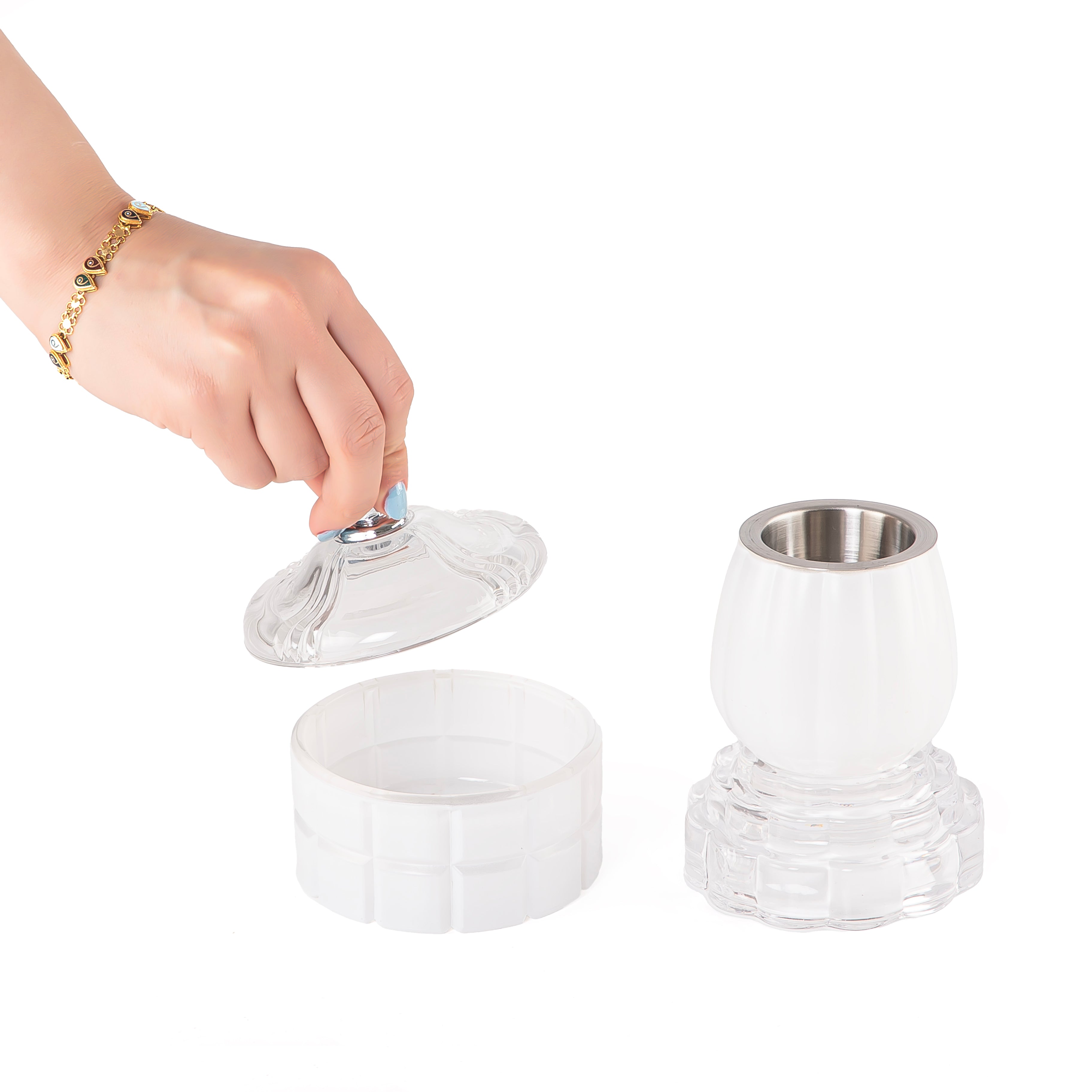 white decorated glass incense burner and bokhor storage box 