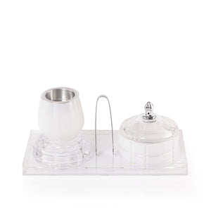 white decorated glass incense burner, bokhor storage box, and tong in an Acrylic box