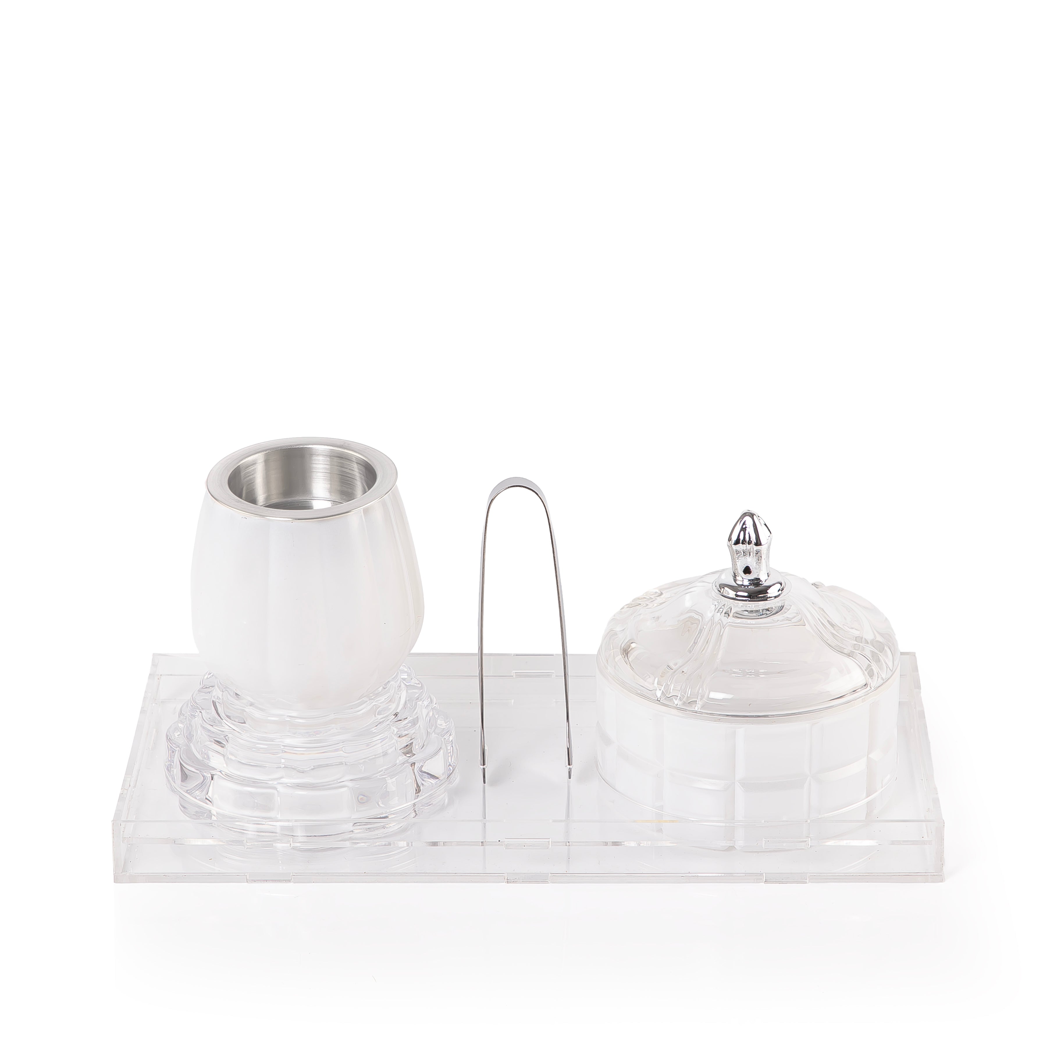white decorated glass incense burner, bokhor storage box, and tong in an Acrylic box