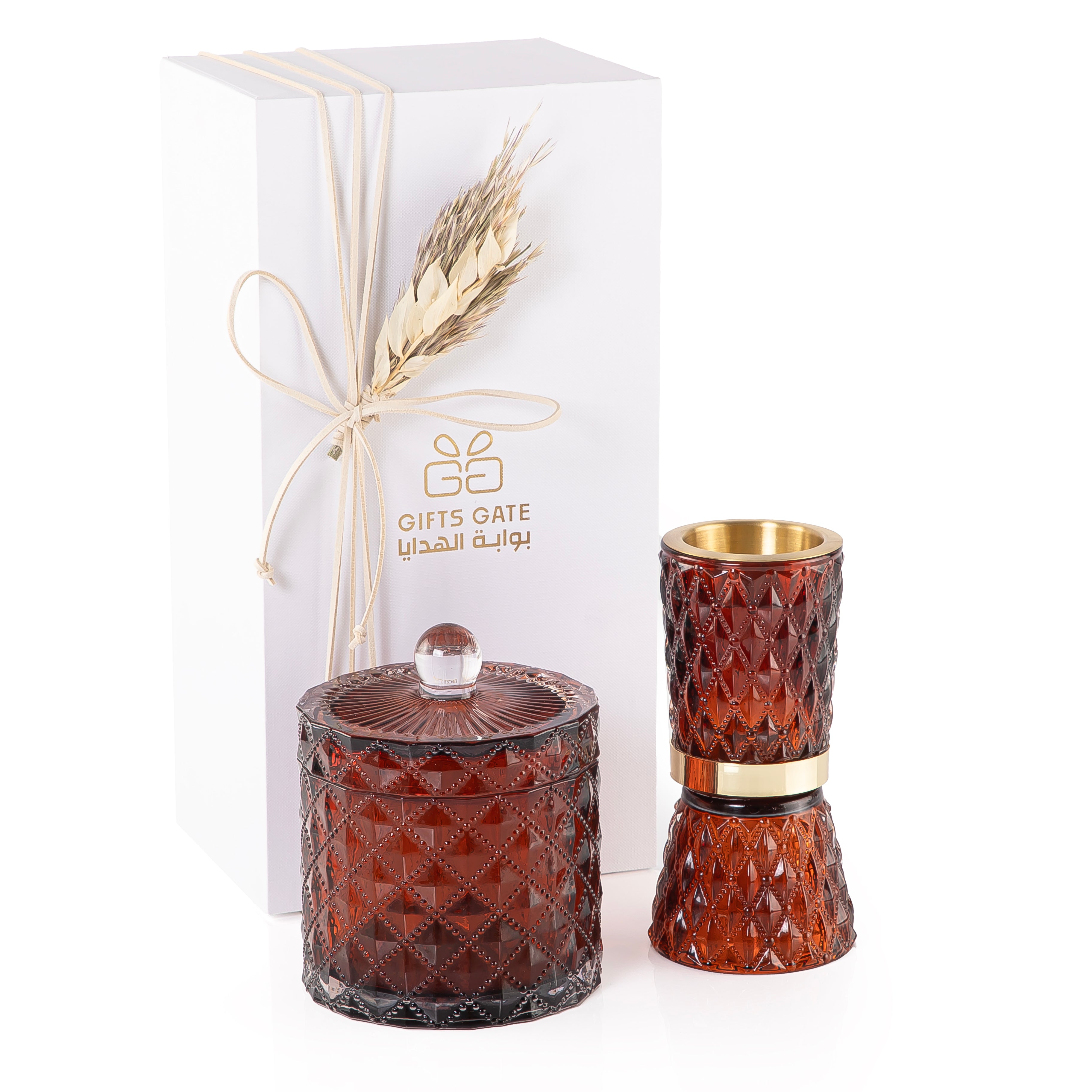 brown decorated glass incense burner and bokhor storage box in a gift box