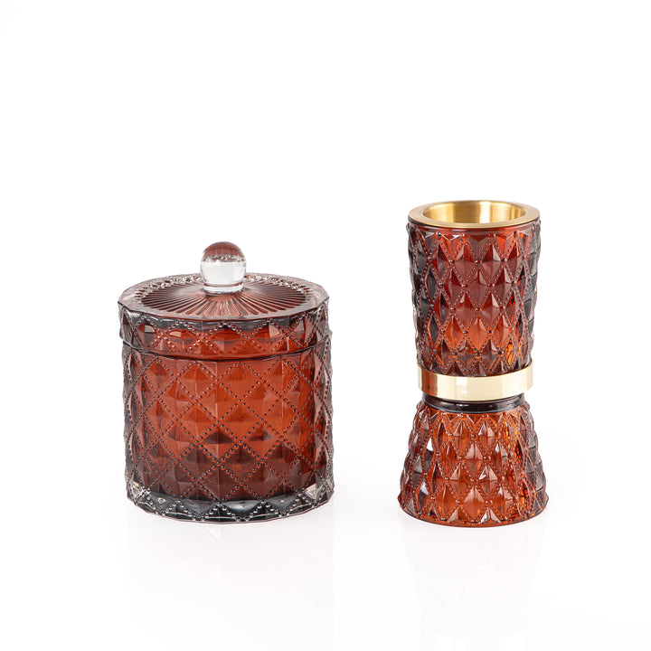 brown decorated glass incense burner and bokhor storage box