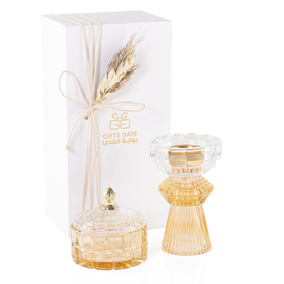 yellow decorated glass incense burner and bokhor storage box in a gift box