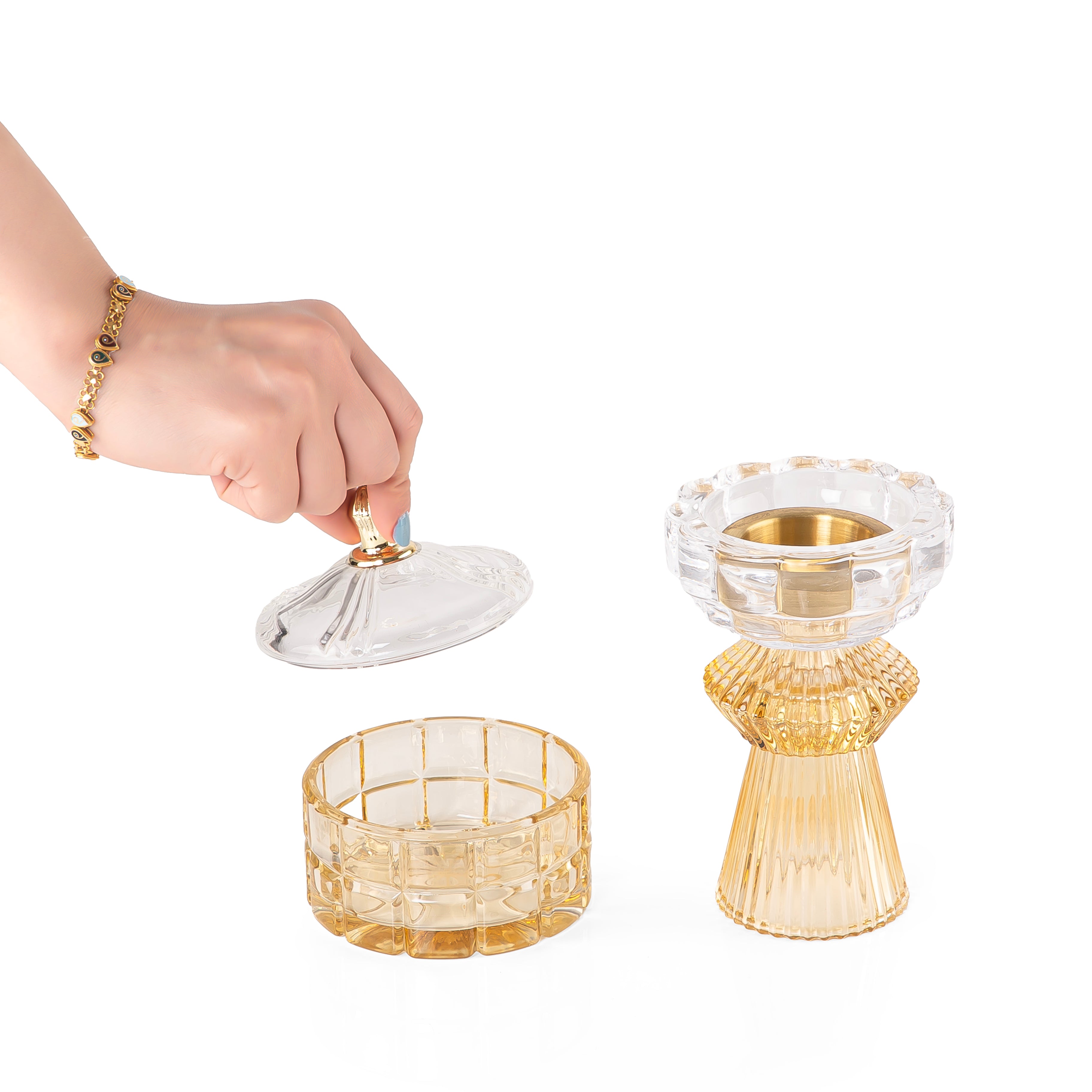 yellow decorated glass incense burner, bokhor storage box