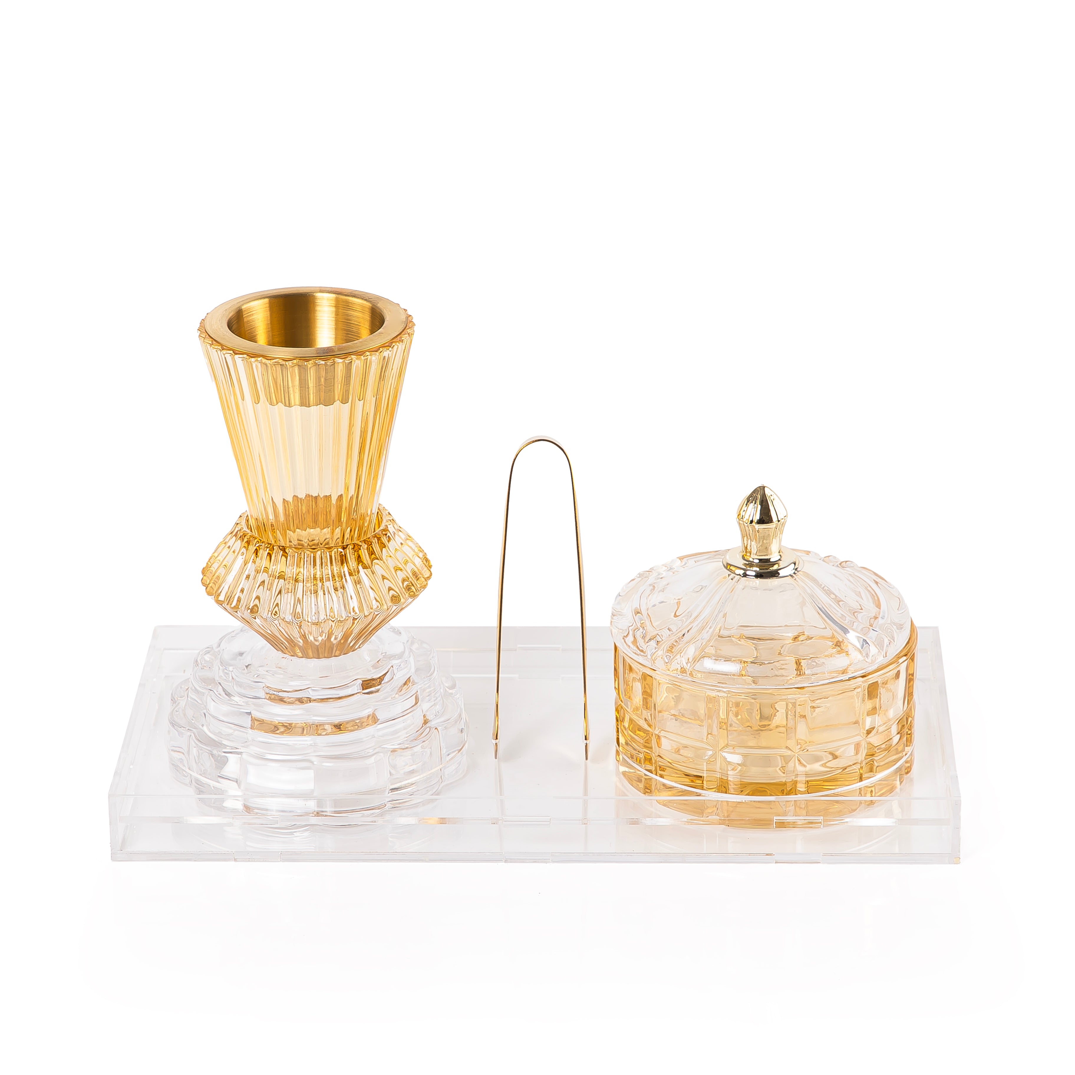 yellow decorated glass incense burner, bokhor storage box, and tong in an Acrylic box