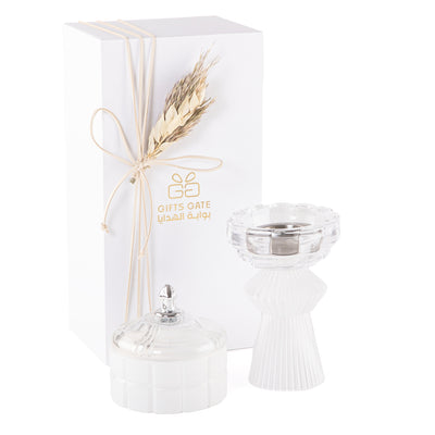 white decorated glass incense burner and bokhor storage box in a gift box