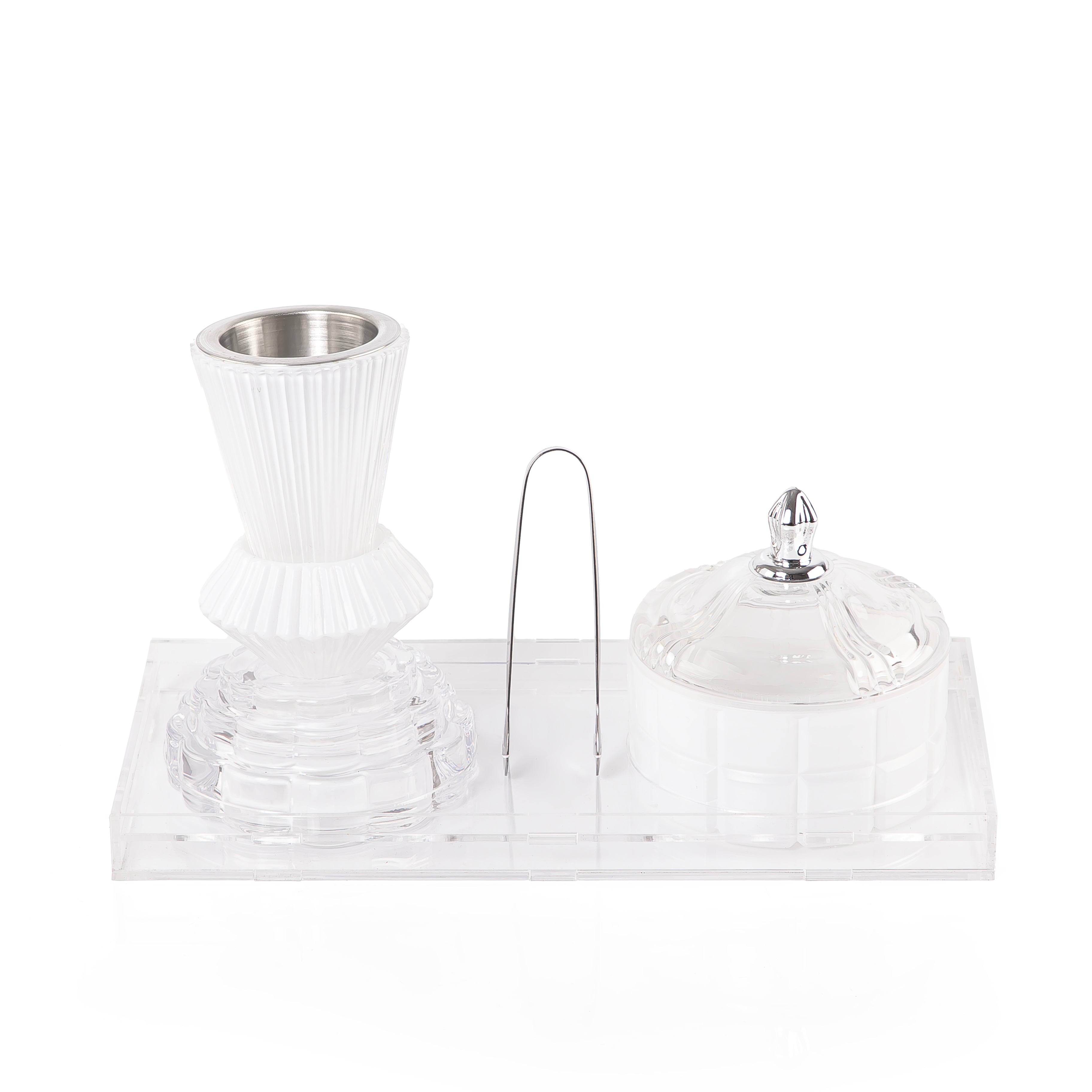  white decorated glass incense burner, bokhor storage box, and tong in an Acrylic box