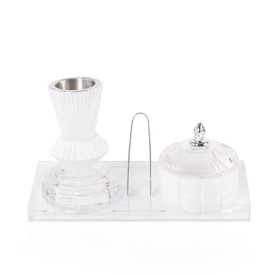  white decorated glass incense burner, bokhor storage box, and tong in an Acrylic box