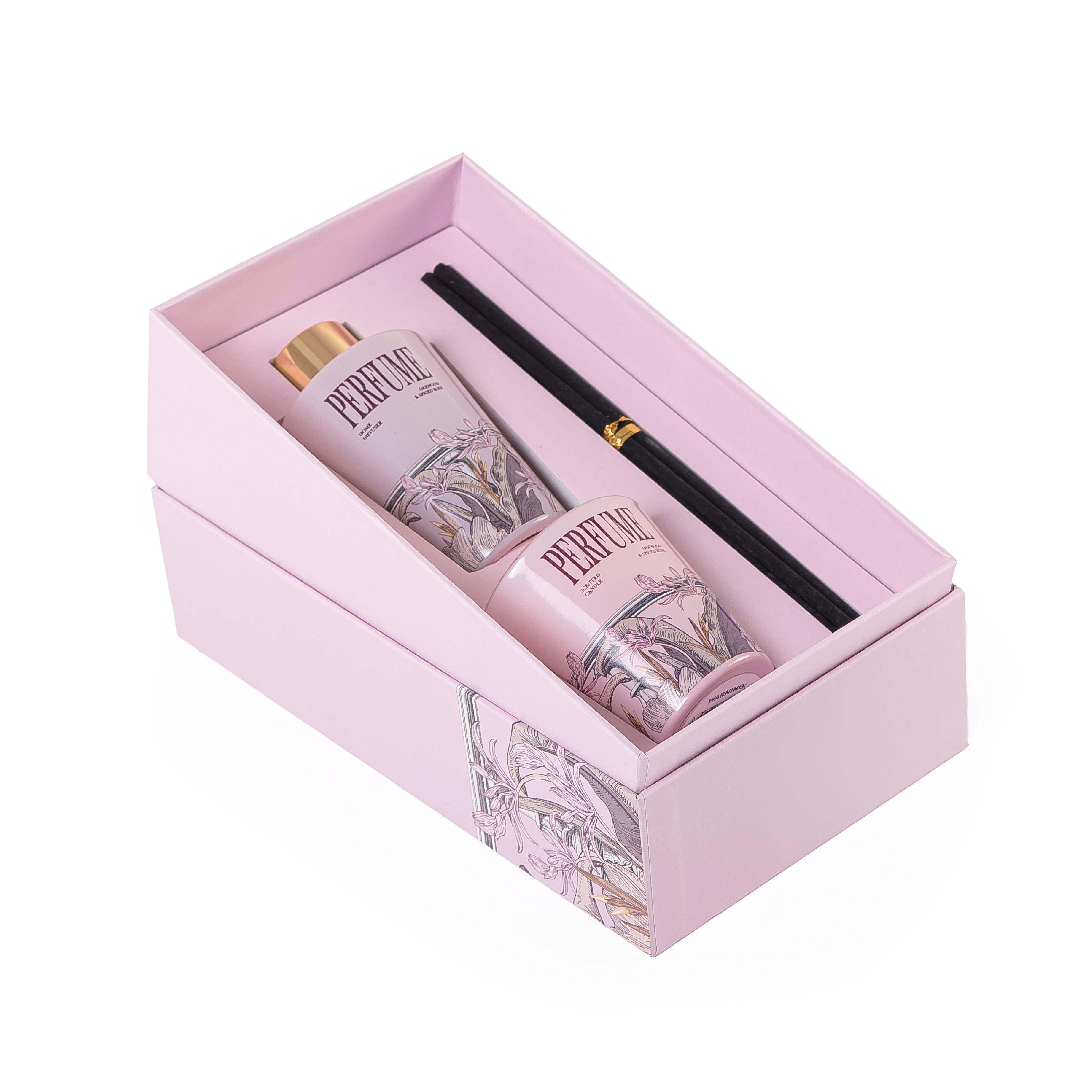 Rectangle pink box with a customized name label contains diffuser, candle, and five sticks