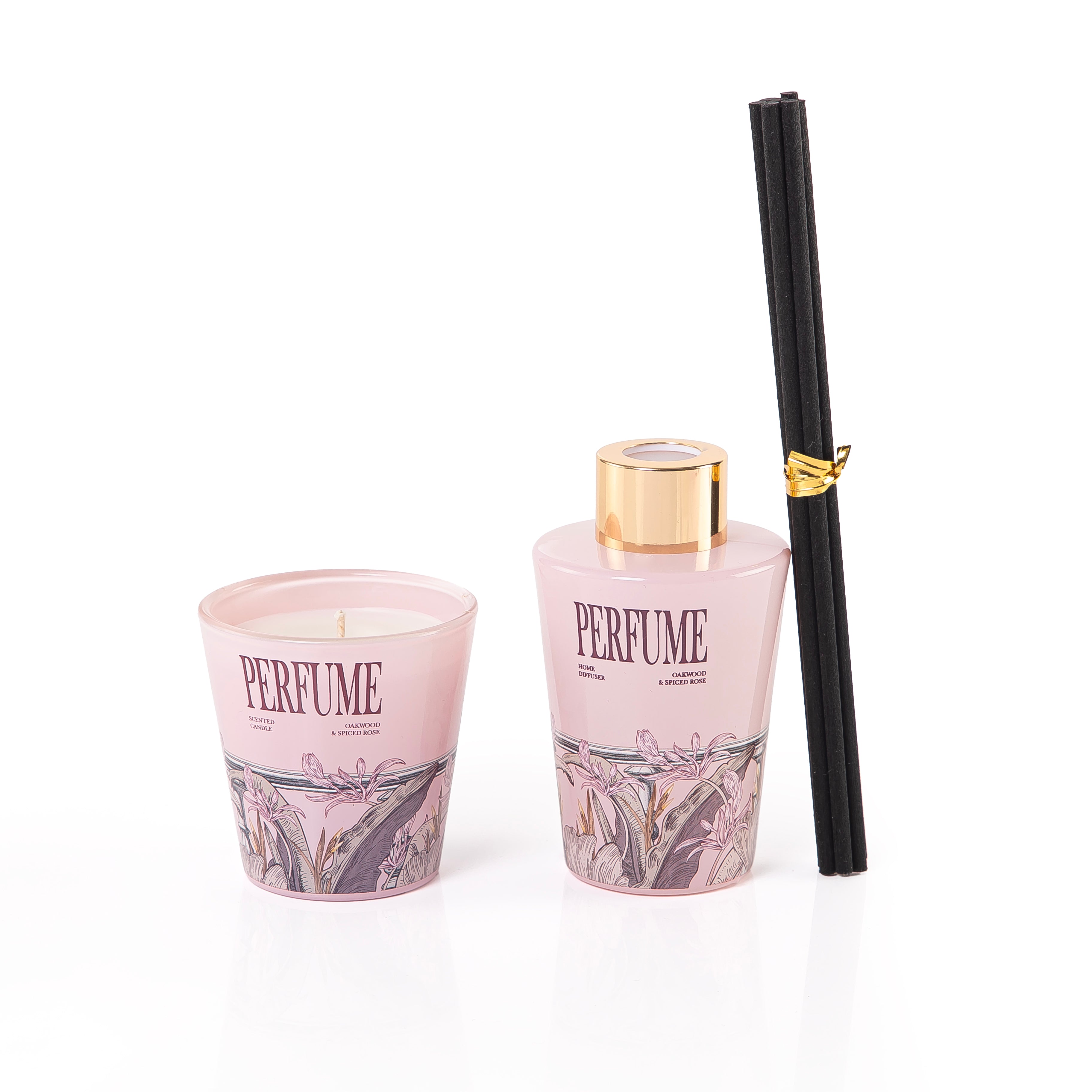 pink diffuser, candle, and five sticks