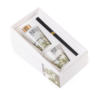 Rectangle box with a customized name label contains diffuser, candle, and five sticks